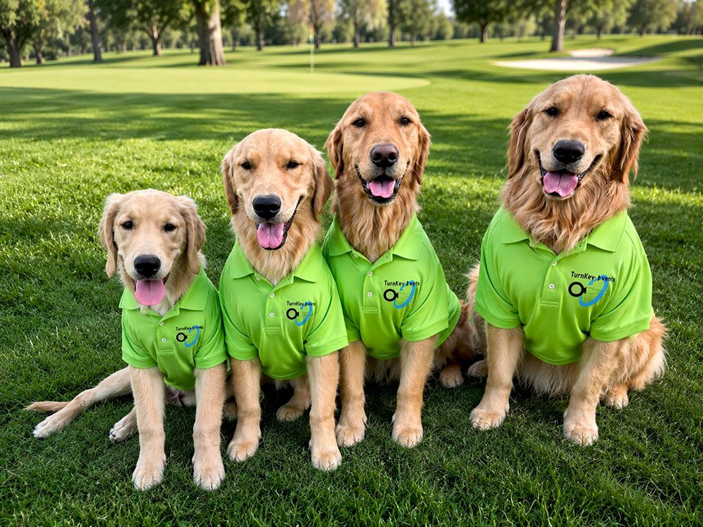 Four golden retrievers wearing green polo shirts