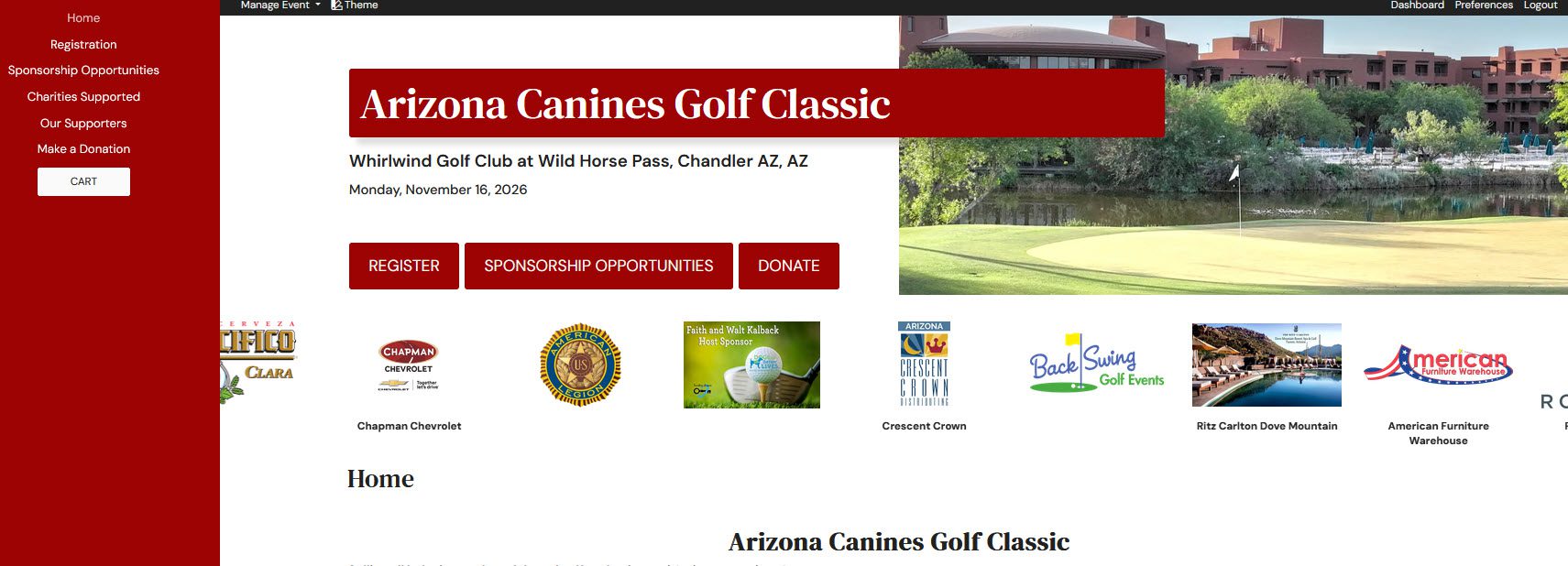 Arizona Canines Golf Classic website header